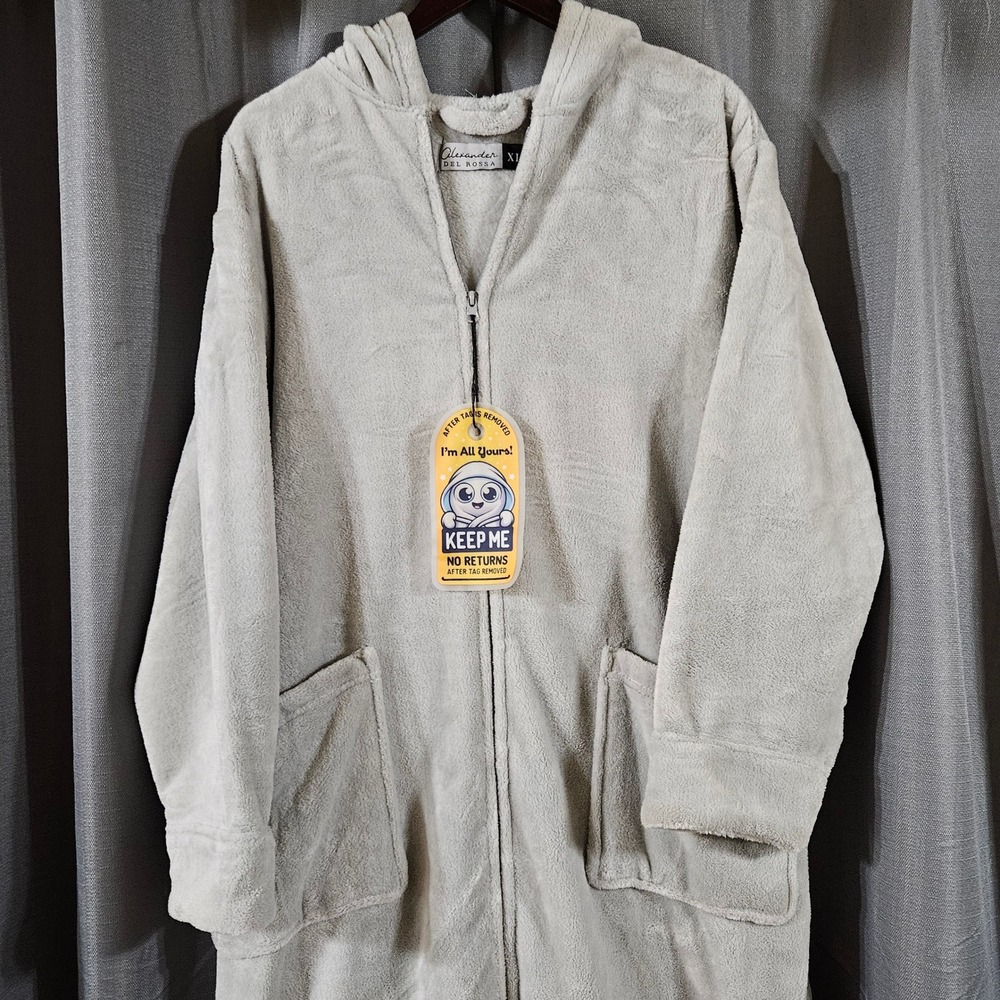 Alexander Del Rossa Mens XL Grey Plush Fleece Full Zip Hooded Robe Loungewear